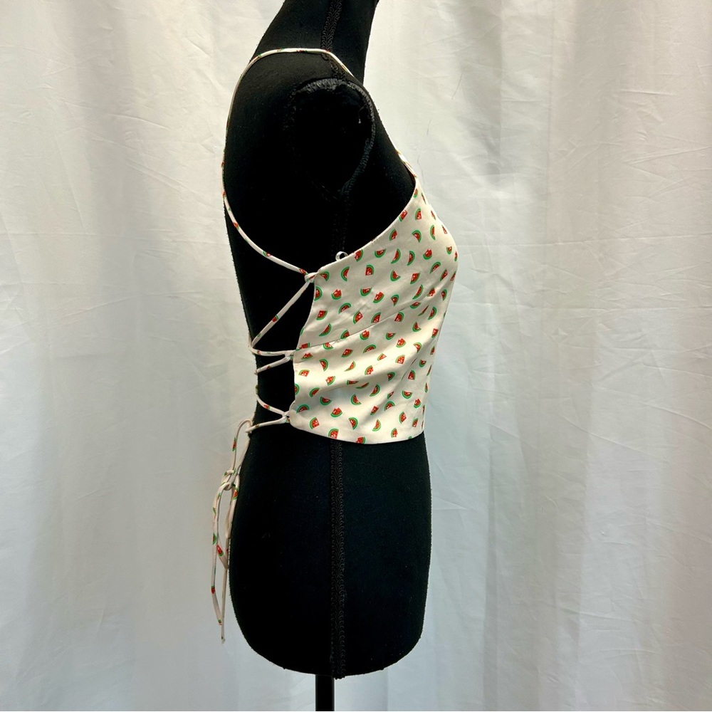 Zara cream watermelon print halter crop top open back lace up M summer festival - Picture 4 of 14